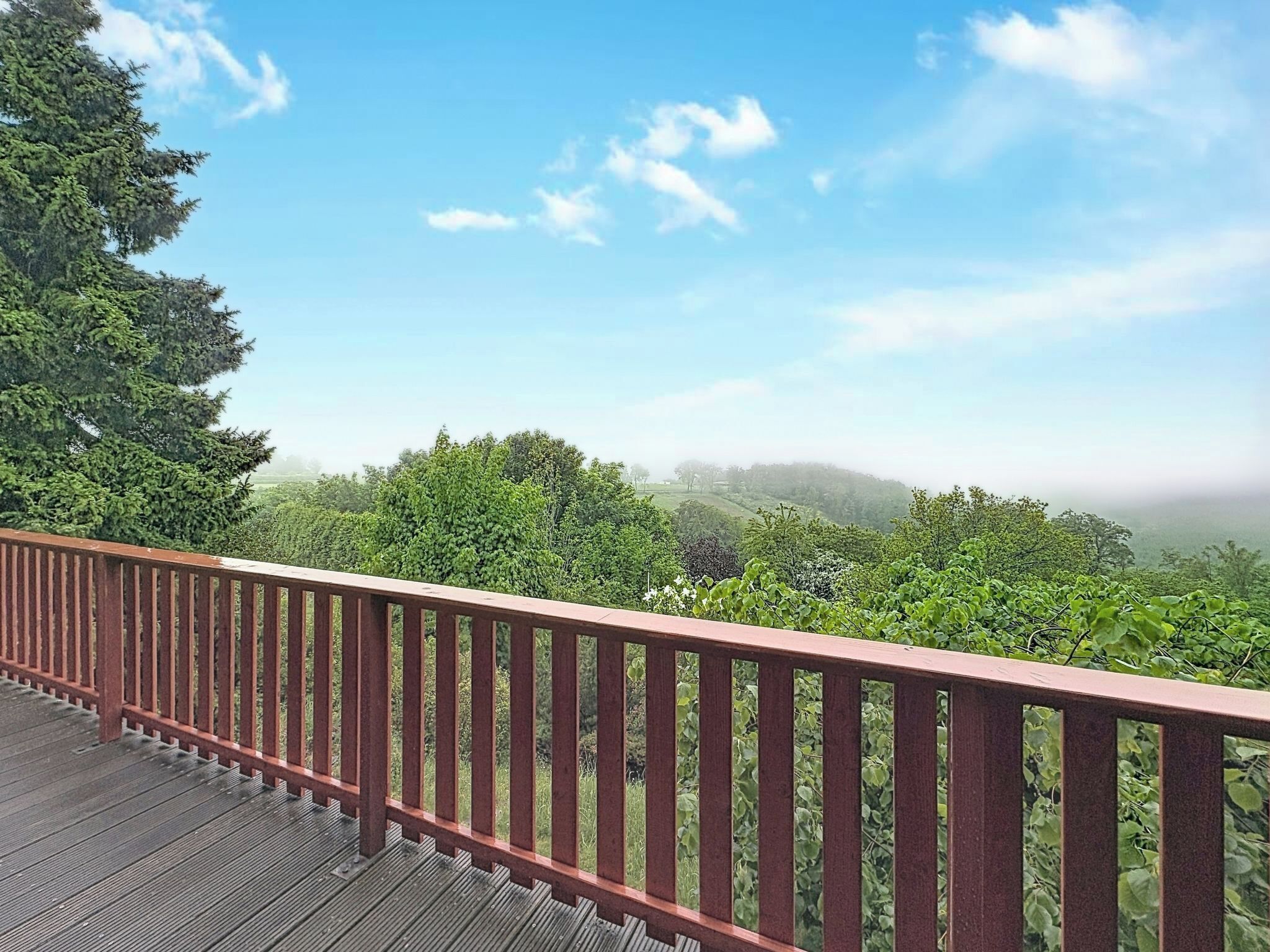 Eine Holzterrasse mit Geländer, die einen Blick auf eine bewaldete Landschaft bietet.