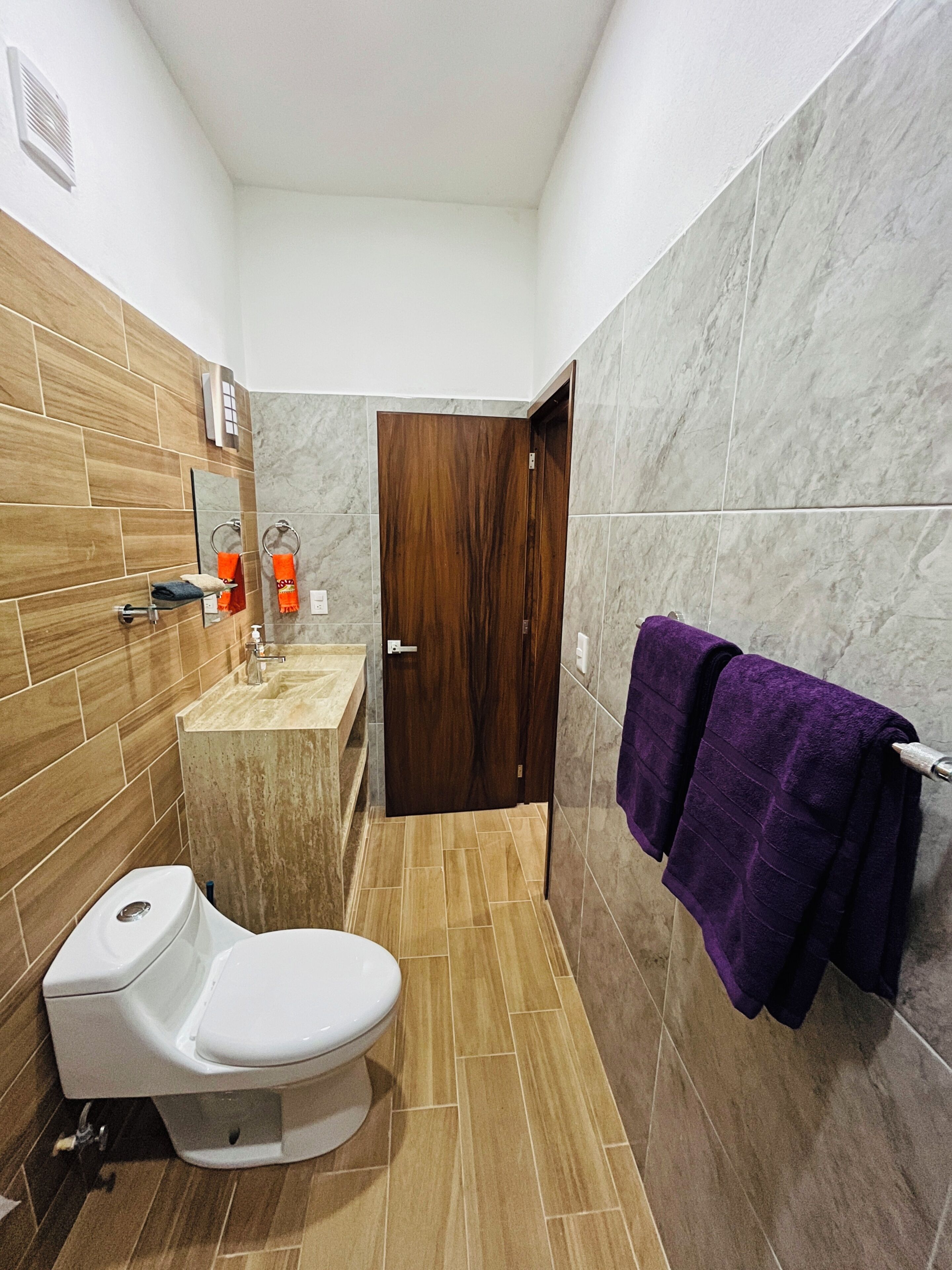 Een badkamer met toilet, wastafel en een houten deur.