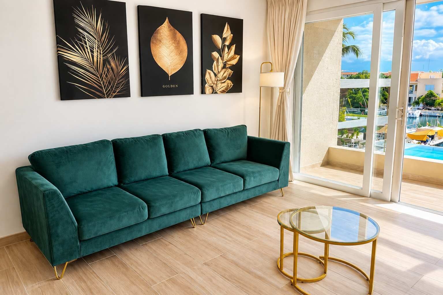 Ein grünes Sofa, ein Glastisch und drei Kunstwerke mit Blattmotiven an der Wand.