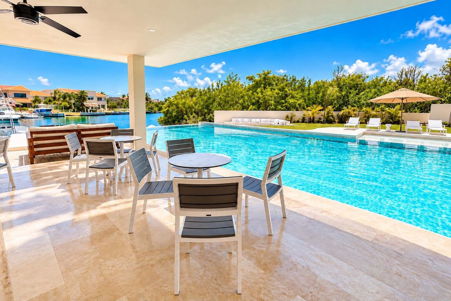 Ein Poolbereich mit Liegestühlen und Tischen, freie Sicht auf den Pool sowie ein Hintergrund aus Grünflächen und Gebäuden.