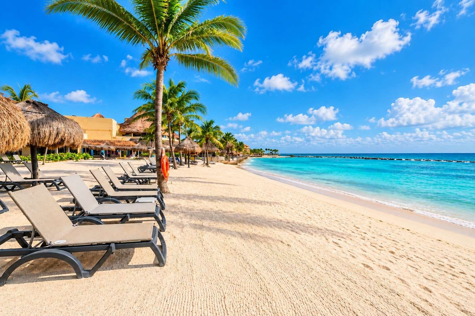 Une plage bordée de rangées de chaises longues, de palmiers et de parasols en feuilles de palmier.