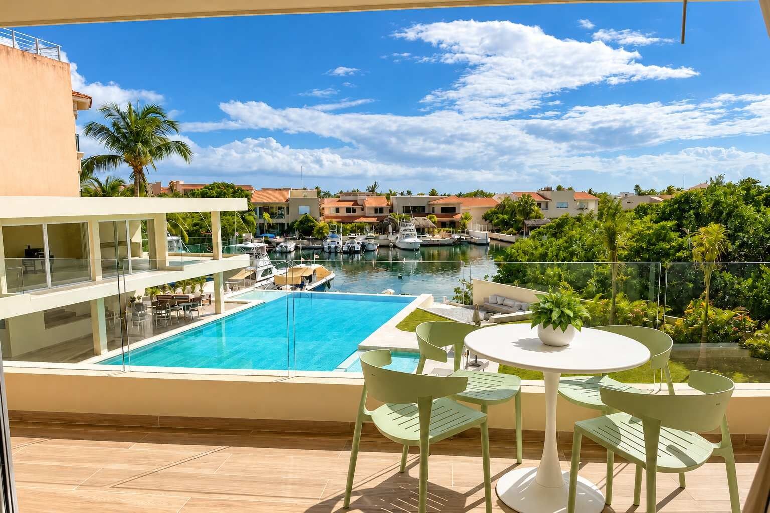 Un balcon avec vue sur une piscine, des chaises longues et une table à manger.
