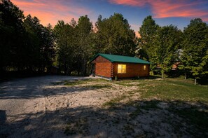 Eine Blockhütte mit grüner Dachdeckung, umgeben von Bäumen und einem Feldweg.