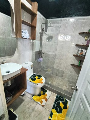 Douche, sèche-cheveux, serviettes fournies, savon