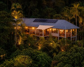 A house with a solar panel roof, surrounded by dense tropical vegetation.