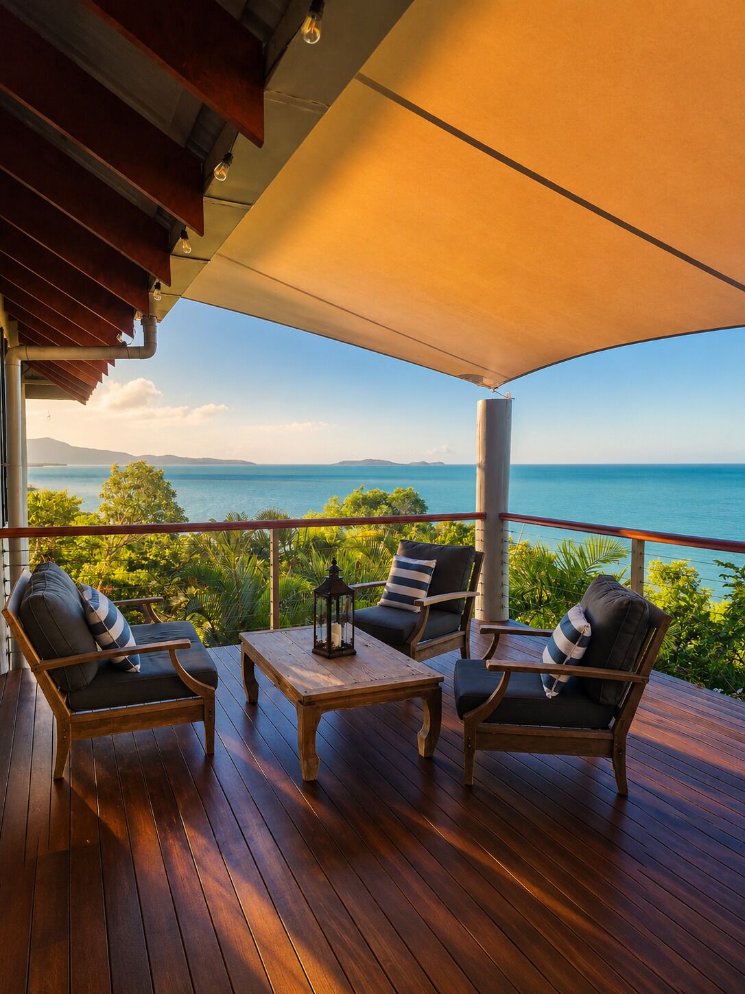 A wooden deck with outdoor furniture, a table, and a lantern, overlooking a body of water and greenery.