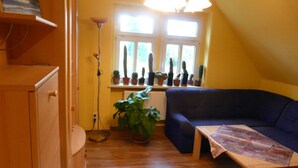 A room with a wooden floor, a blue sofa, a table with a cloth, a radiator, and a window with potted cacti.