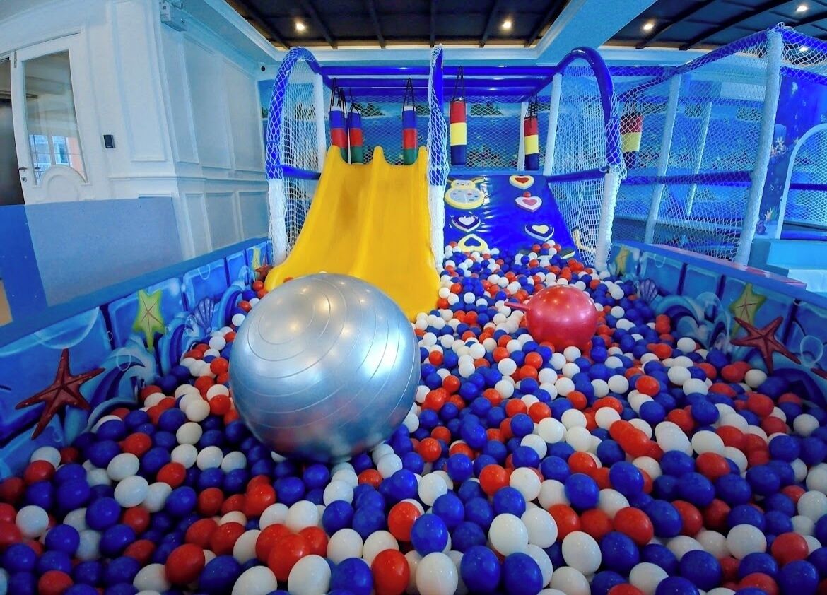 An indoor play area with a ball pit, a yellow slide, and netted play structures.