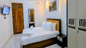 A bedroom with a bed, a TV, a wardrobe, and a mirror.