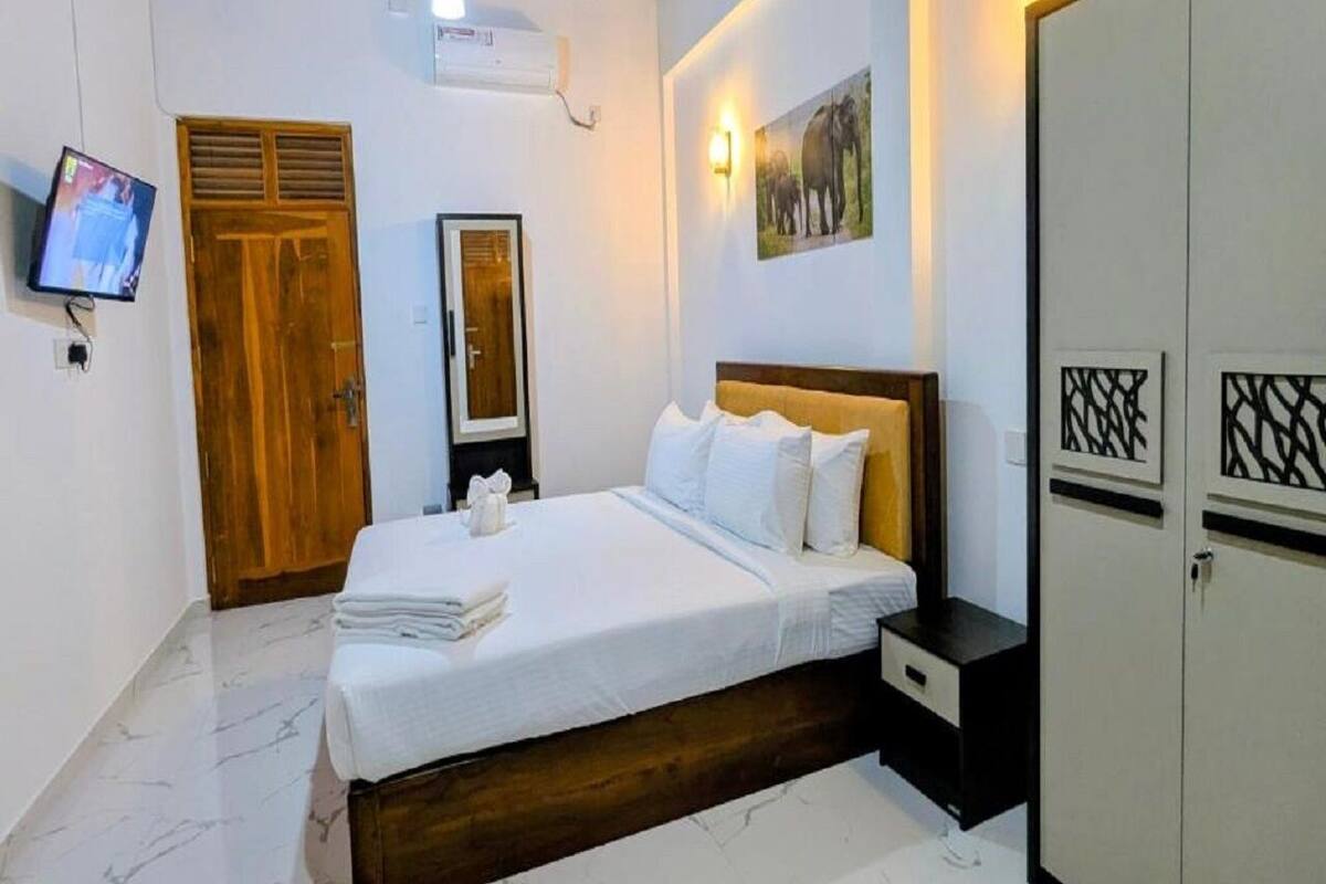 A bedroom with a bed, a TV, a wardrobe, and a mirror.