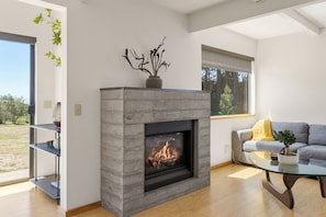 A modern living room with a fireplace, a sofa, a coffee table, and a bookshelf.