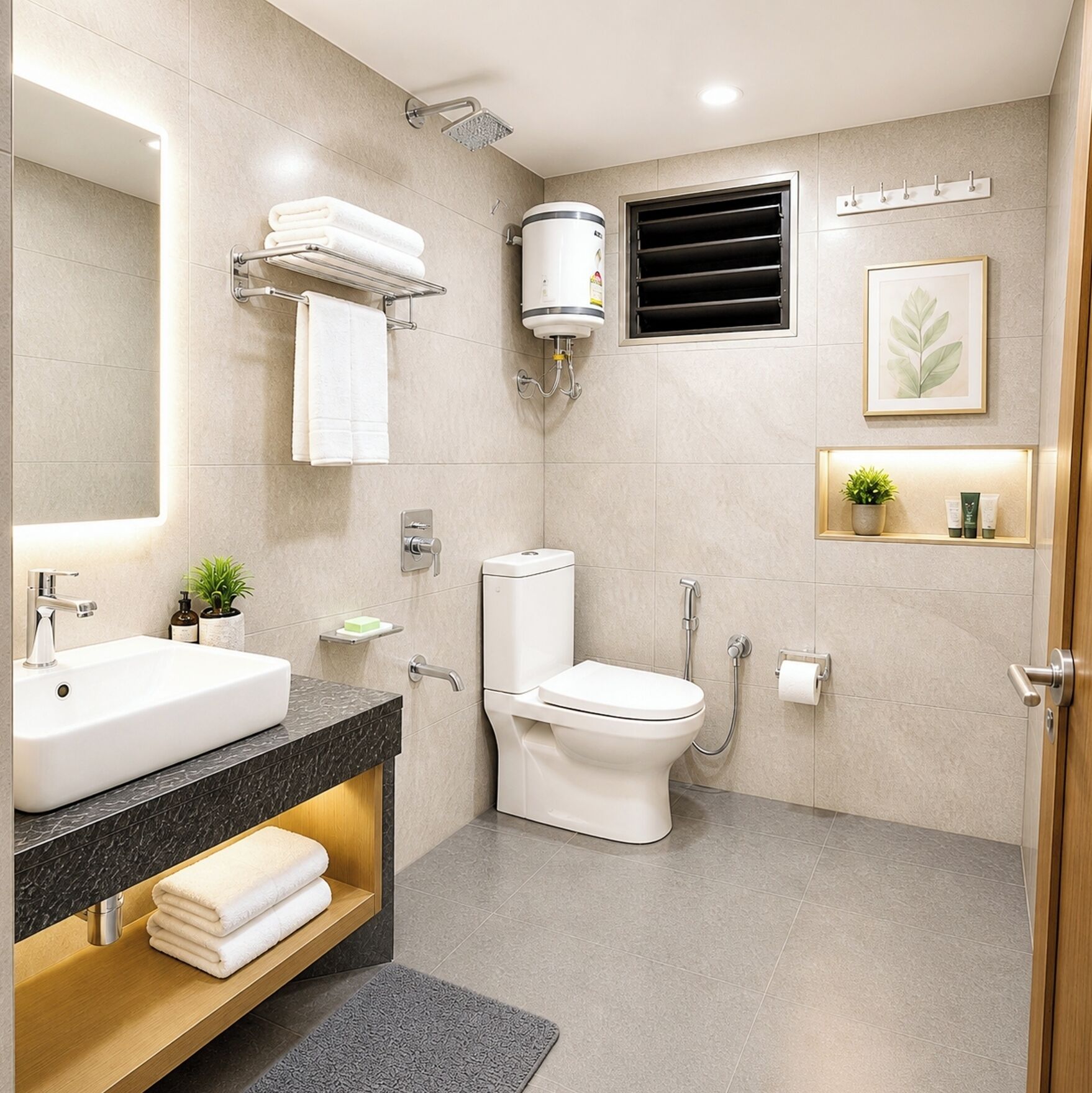 Shower, rainfall showerhead, slippers, towels