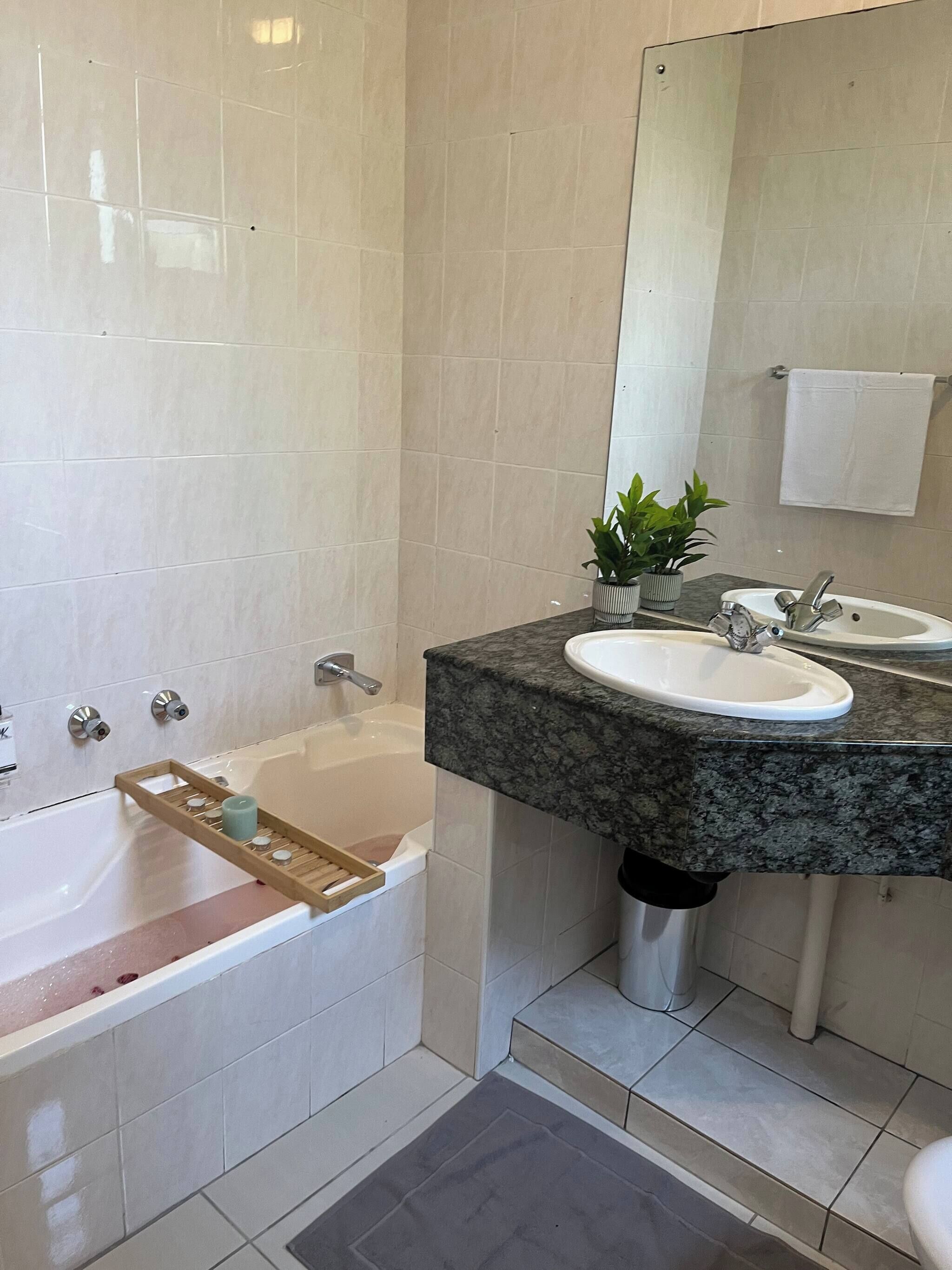 Un baño con bañera, lavamanos, espejo y una planta en maceta.