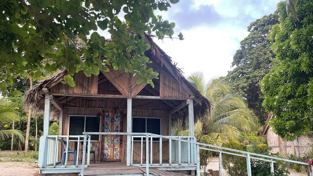 A rustic wooden house with a porch, surrounded by tropical vegetation.