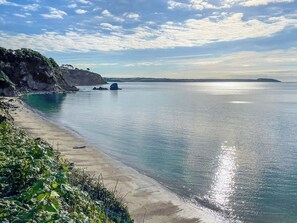 Eine Küstenlandschaft mit sandigem Strand, ruhiger See und felsigen Klippen.