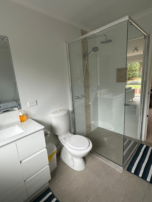 A modern bathroom with a glass-enclosed shower, a white toilet, and a sink with a mirror above it.