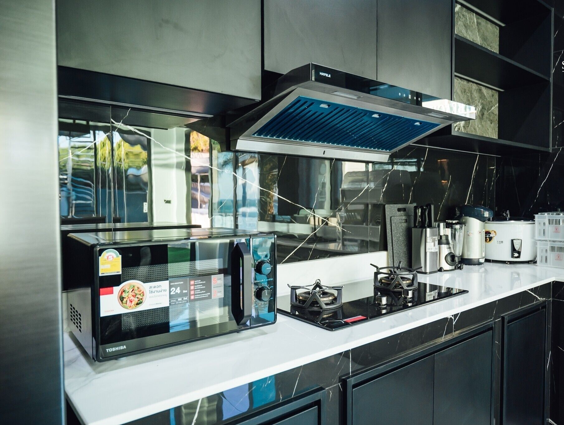 Fridge, microwave, stovetop, cookware/dishes/utensils