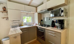 Una cocina compacta con estufa, microondas y lavadero.