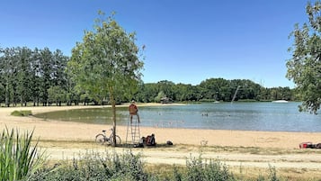 A lakeside area with a ladder, bicycle, and a person sitting on the ground.