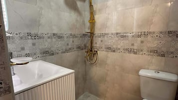 A bathroom with a white sink, a toilet, and a shower with a gold fixture.