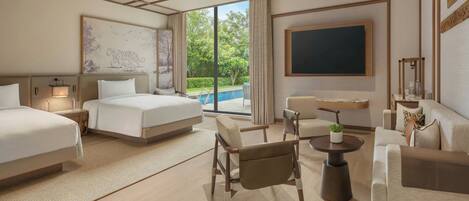 A hotel room with two beds, a sofa, a chair, a small table, and a large window offering a view of the outdoors.