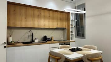 Apartment, 1 Bedroom, Balcony | Private kitchen | Full-sized fridge, oven, stovetop, espresso maker