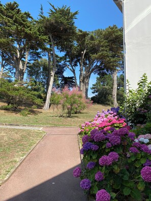 A pathway leading to a building with a garden featuring hydrangea flowers. - Seafront family duplex, direct to beach (Pornichet)