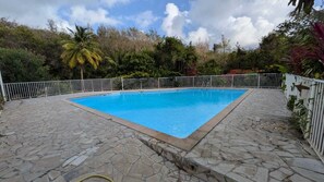 Ein rechteckiger Pool mit einer Steindeckplatte, umgeben von einem weißen Zaun und tropischer Bepflanzung.