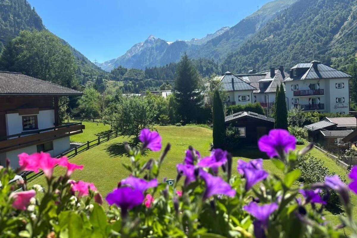 A mountain village with traditional houses, a grassy courtyard, and a clear sky.