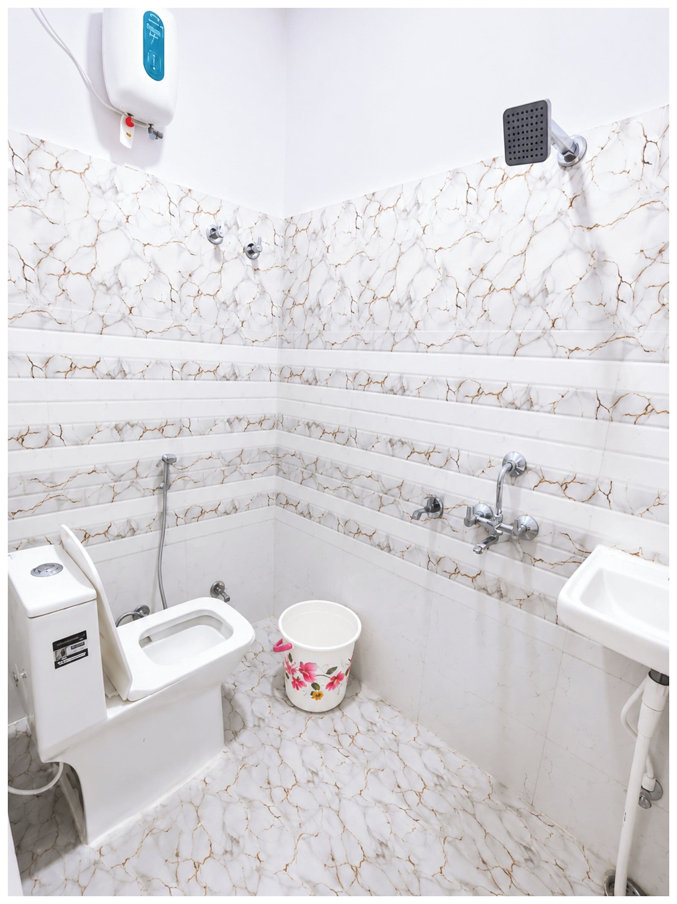 Shower, rainfall showerhead, slippers, towels