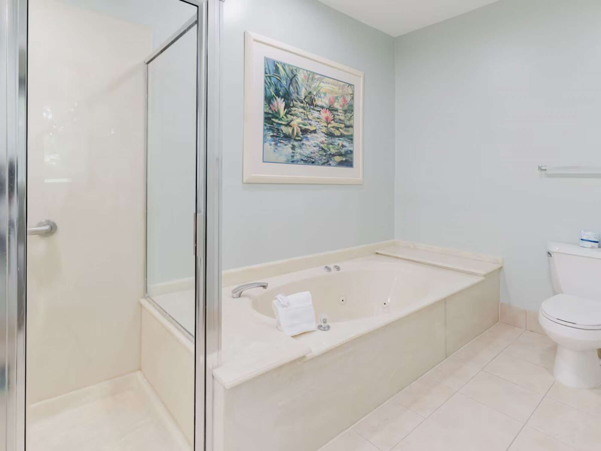 A bathroom with a glass shower enclosure, a bathtub, a toilet, and a framed painting on the wall.
