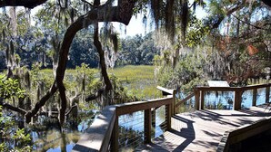 A wooden boardwalk with railings, surrounded by water and trees. - Near the Beach | 3 Pools + Hot Tub & Full Kitchen (Hilton Head Island)