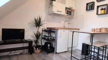 Fridge, microwave, coffee/tea maker, toaster
