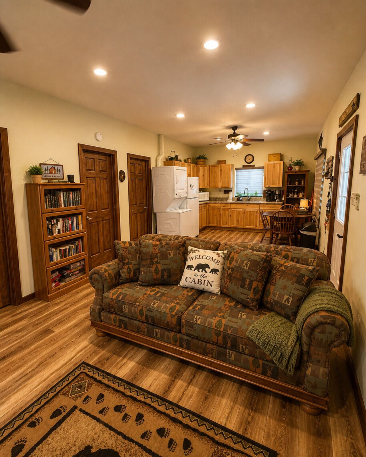 TV, fireplace, books, video library