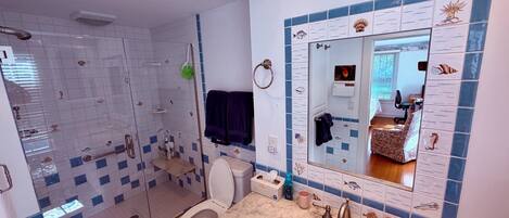 A bathroom with a shower, toilet, sink, and a large mirror.