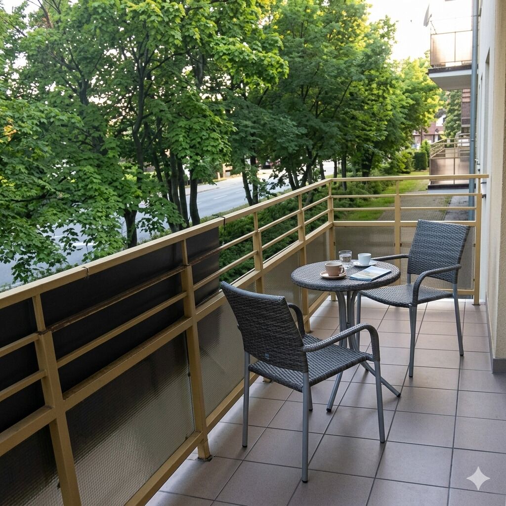 Uma varanda com vista para árvores e um edifício do outro lado da rua.