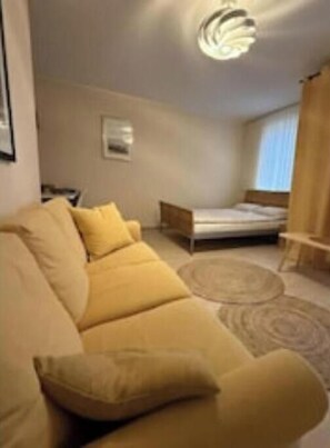 Ein Schlafzimmer mit Bett, Sofa, Teppich und Deckenleuchte.