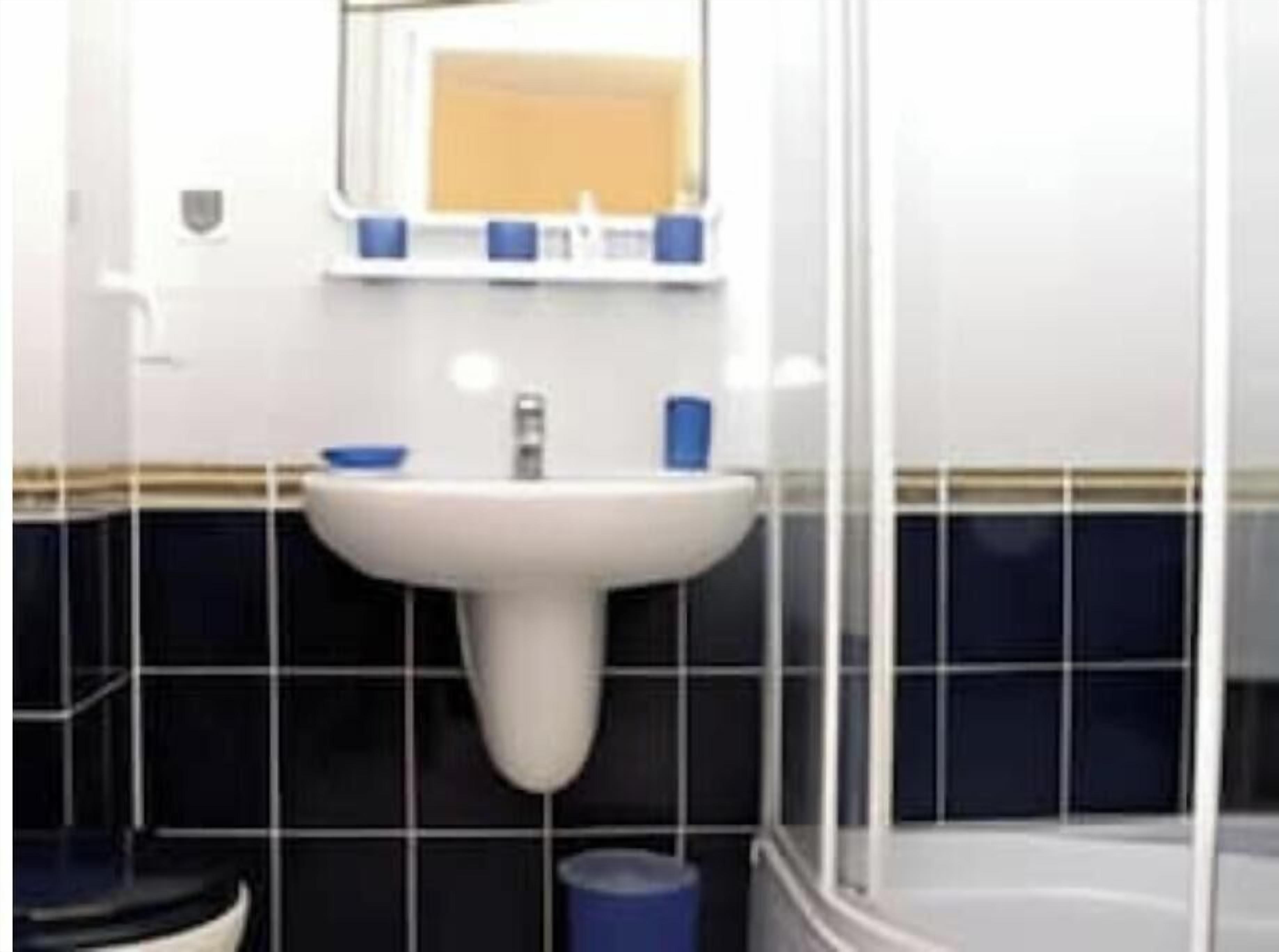 Une salle de bain avec un lavabo blanc, un miroir et une poubelle bleue.
