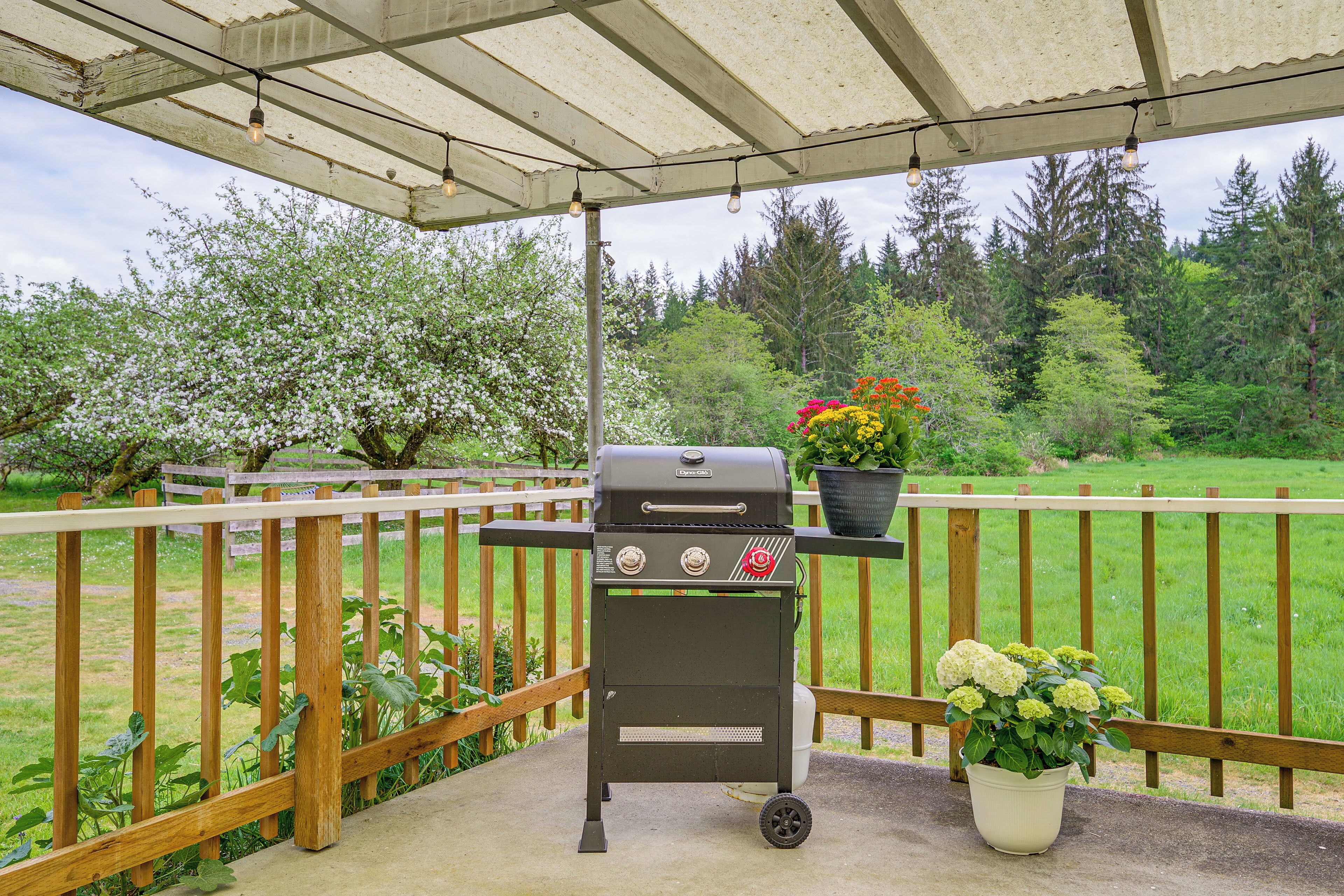 Un barbecue installé sur une terrasse couverte, avec une clôture en bois et de la verdure en arrière-plan.