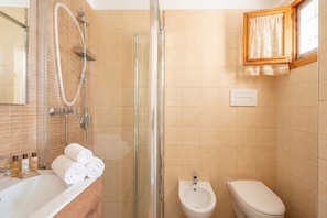 A bathroom with a shower, bidet, and a bathtub.