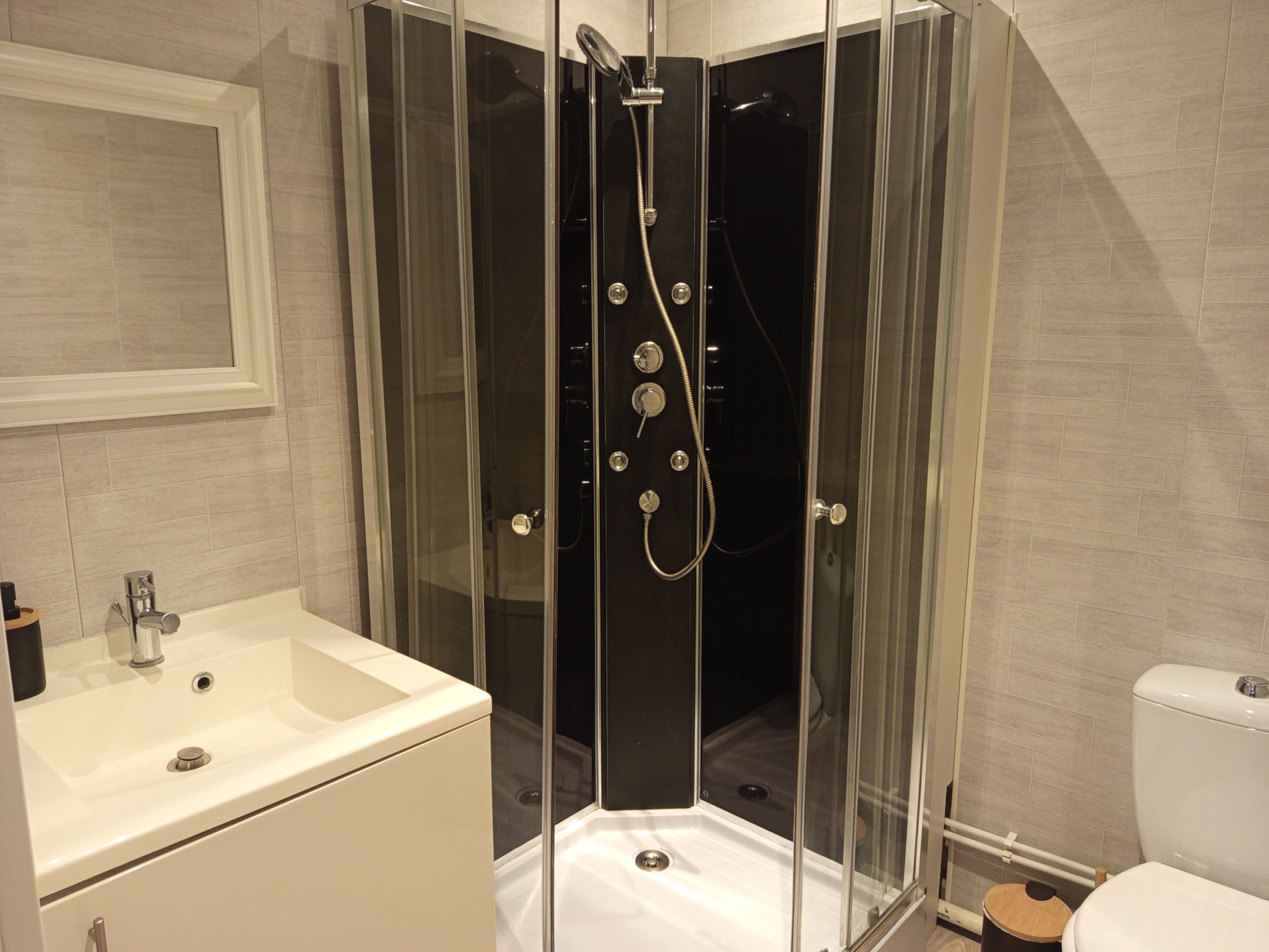 Hair dryer, towels, toilet paper