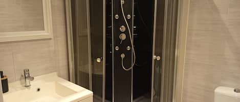 Hair dryer, towels, toilet paper