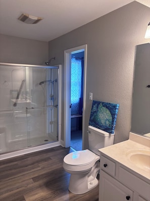 A bathroom with a glass-enclosed shower, a toilet, and a sink with a mirror.