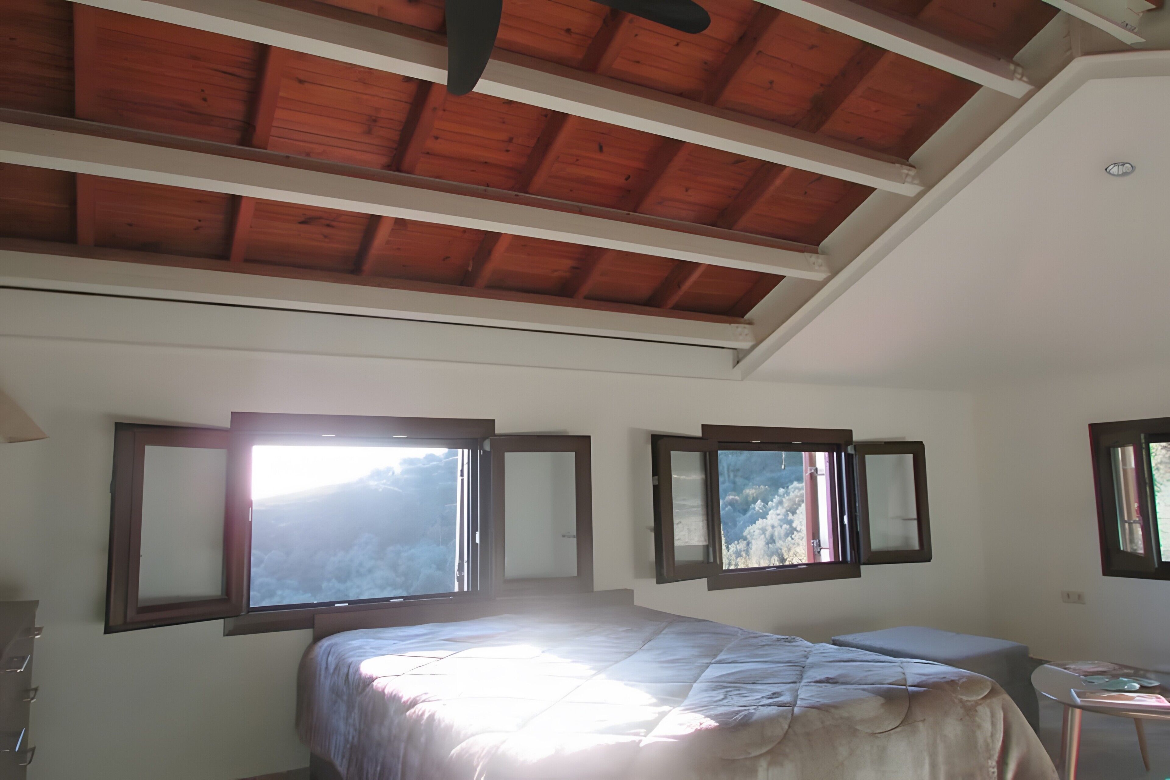 A bedroom with a large bed, a ceiling fan, and multiple windows.
