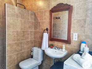 Shower, hair dryer, towels, soap