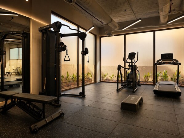 Et træningscenter med en squat-stativ, bænkpres, crosstrainer og løbebånd.