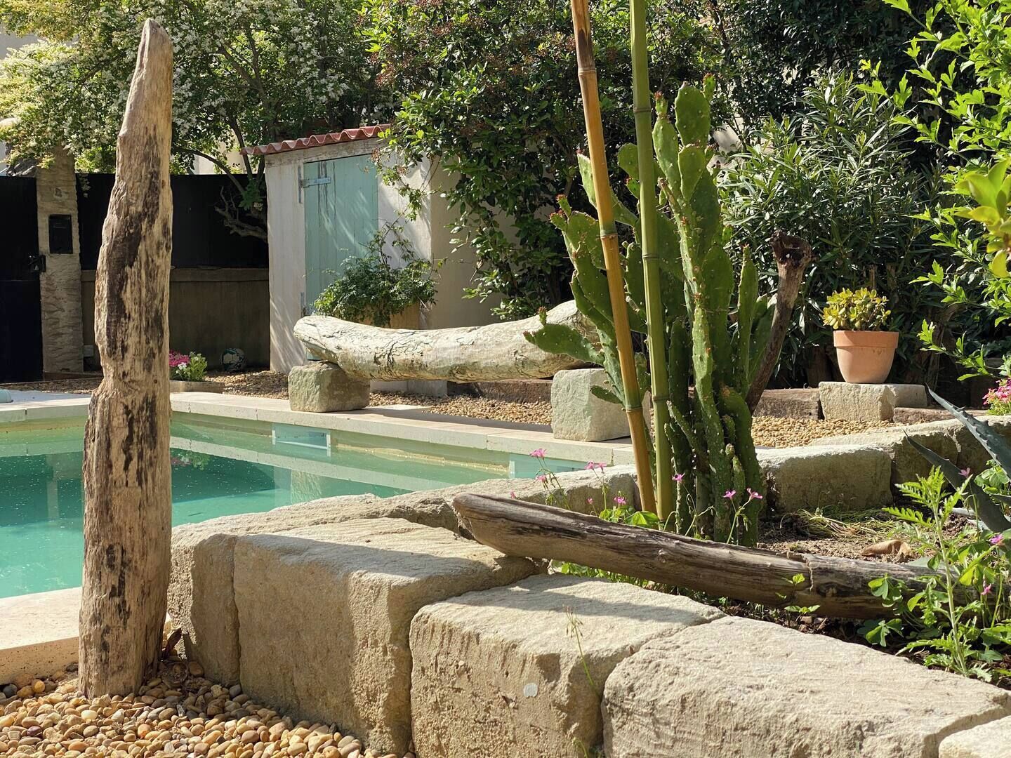 A pool surrounded by rocks and cacti, with a wooden structure and a potted plant.
