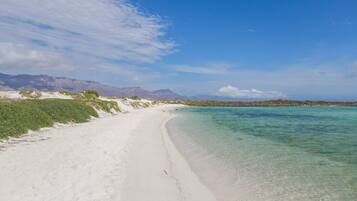 On the beach, sun loungers, beach towels