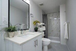 Chuveiro, secador de cabelo, toalhas de banho, sabonete