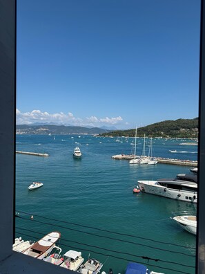 Ein Yachthafen mit verschiedenen Schiffen, ein klarer blauer Himmel und ferne Berge.